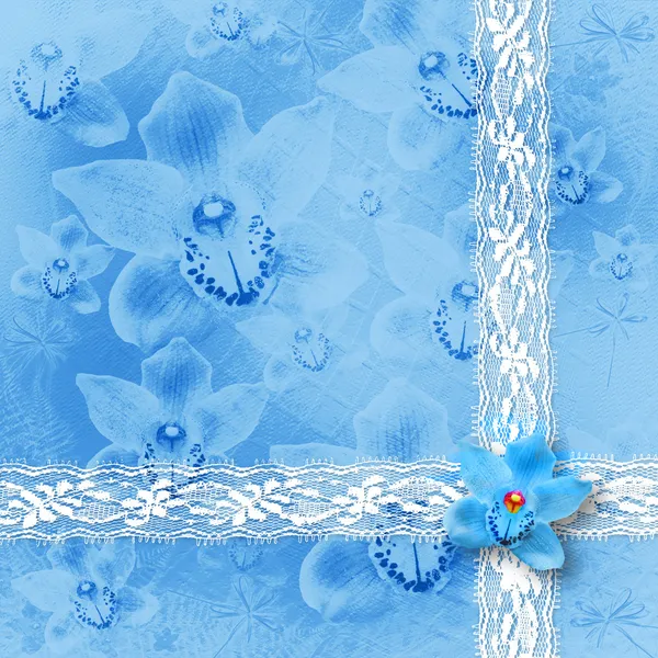 Карточка на приглашение или поздравление с голубыми и розовыми орхидеями — стоковое фото