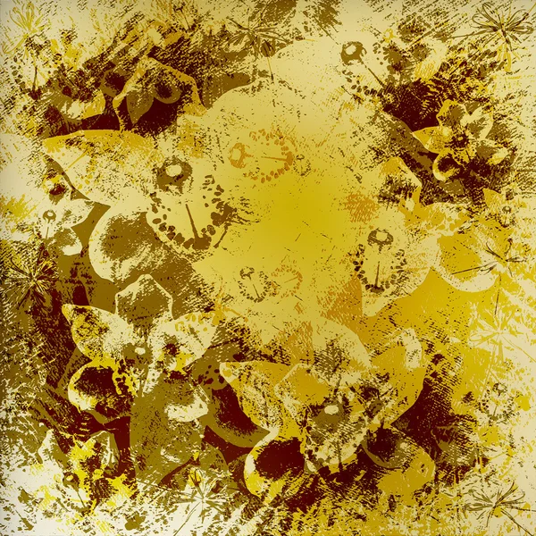 Ljus gyllene akvarell penseldrag med blommig prydnads bac — Stockfoto