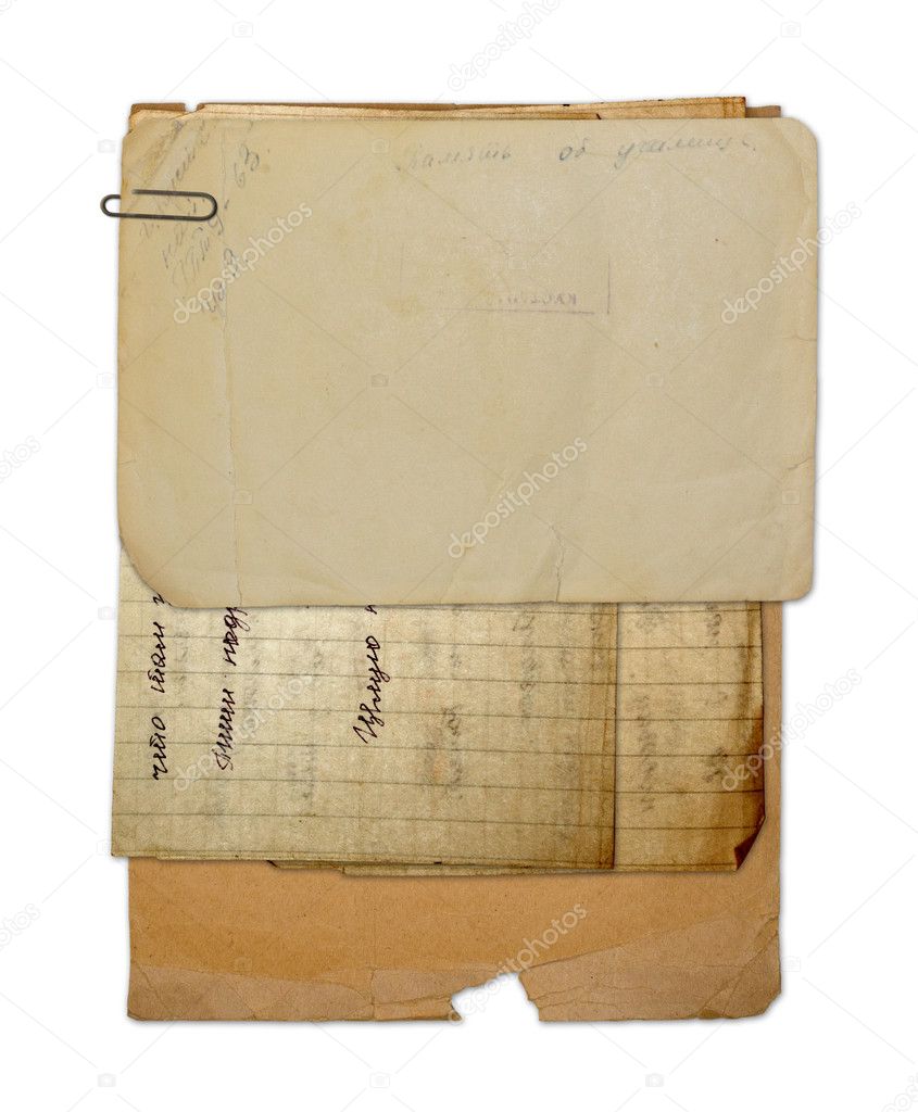 Old archive with letters, photos on the white isolated backgroun