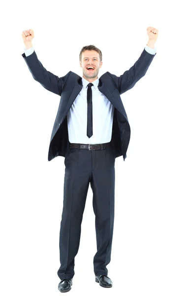 Excited handsome business man with arms raised in success - Isol — Stock Photo, Image
