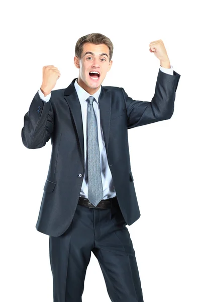 Business man throwing fists in air and smiling — Stock Photo, Image