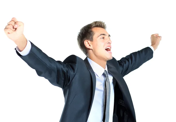 Hombre de negocios lanzando puños en el aire y sonriendo —  Fotos de Stock