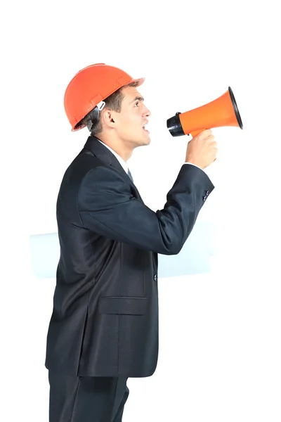 Arquiteto gritando alto em um megafone — Fotografia de Stock
