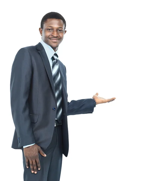 Homem de negócios mostrando algo na palma da mão — Fotografia de Stock
