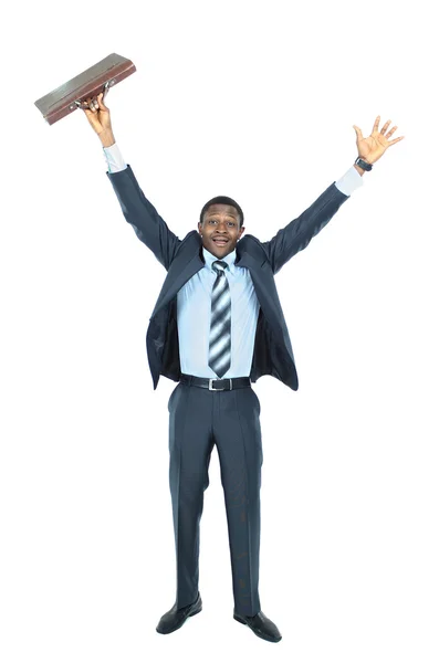 Longitud completa de un hombre de negocios guapo emocionado con los brazos levantados en el éxito - Aislado en blanco —  Fotos de Stock