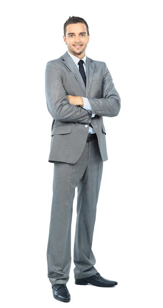 Volledig lichaam portret van gelukkig lachende zakenman, geïsoleerd op witte achtergrond — Stockfoto