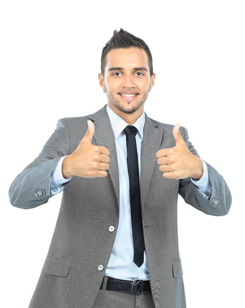 Giovane uomo d'affari che indica con entrambe le mani contro su sfondo bianco — Foto Stock