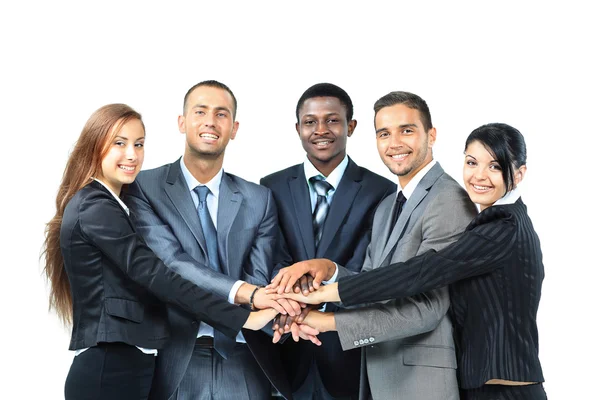 Un gruppo eterogeneo di imprenditori con le mani unite sotto forma di lavoro di squadra — Foto Stock