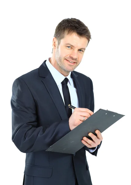 Empresário escrevendo na área de transferência usar terno elegante e isola gravata — Fotografia de Stock