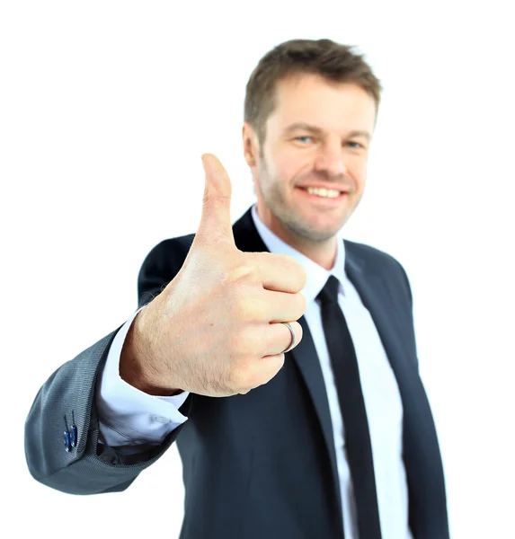 Щасливий бізнесмен піднімається на великий палець, ізольований на білому — стокове фото