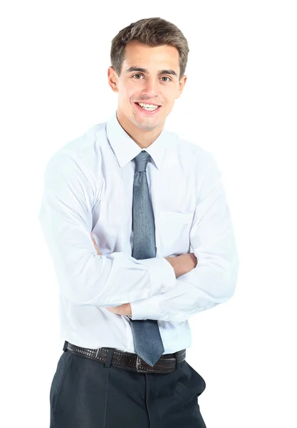 Porträtt av glada leende affärsman, isolerad på vit bakgrund — Stockfoto