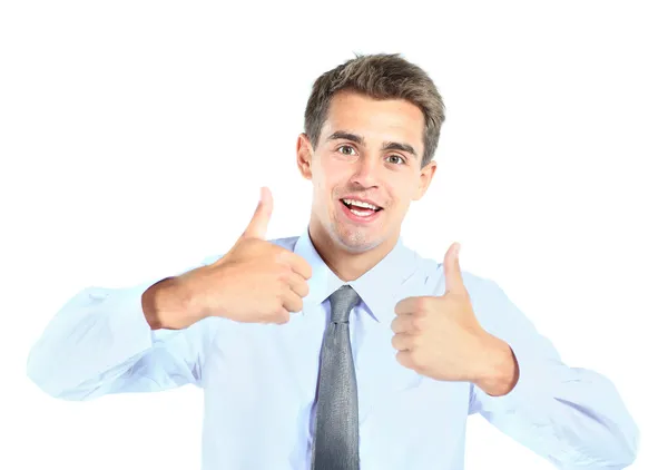 Mladý obchodní muž ukazuje palec nahoru znamení nad bílým pozadím — Stock fotografie