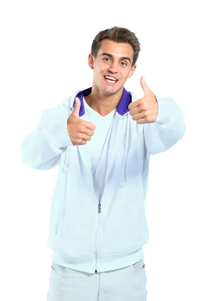 Portrait of a handsome young man, thumbs up over white background — Stock Photo, Image