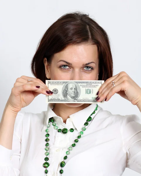 Vrouw met een 100 dollar bill — Stockfoto