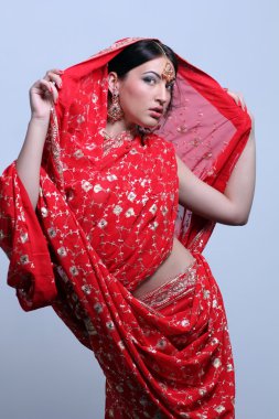 güzel bir kadın Hint kırmızı sari