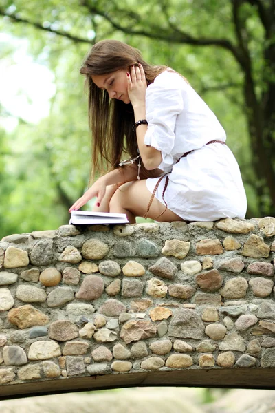 夏、グリーン パークは、本を読んでの若い女性 — ストック写真