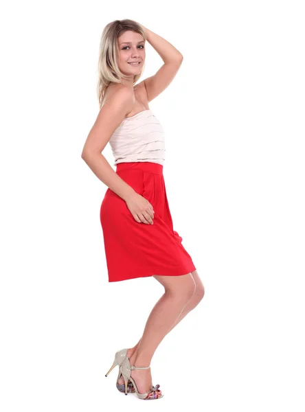 Schöne junge Dame im roten Kleid — Stockfoto