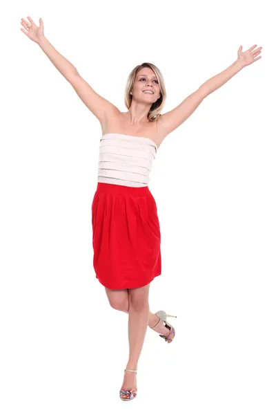 Happy young woman in red dress. — Stock Photo, Image