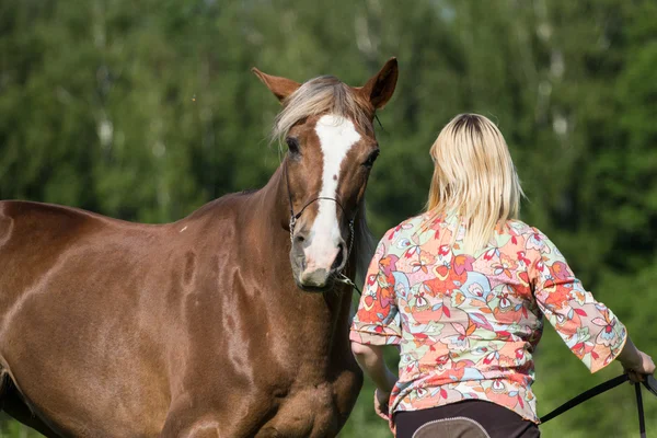 Kvinna och brun häst — Stockfoto