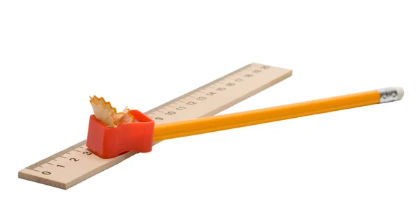 Straightedge, lápis, apontador de lápis — Fotografia de Stock