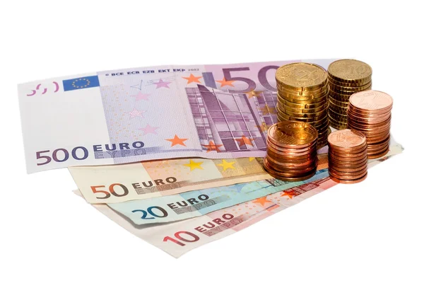 Monete in euro sulle banconote in euro — Foto Stock