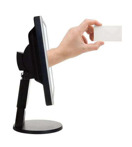 Computer screen and hand with card — Stock Photo, Image
