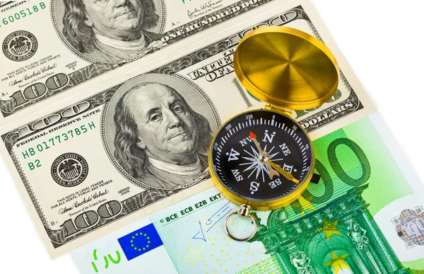 Kompas i pieniądze — Zdjęcie stockowe