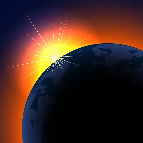コピー スペースを持つ惑星の背景に昇る太陽. — ストックベクタ