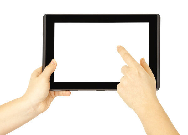 Woman hand holding a tablet and finger touches the screen