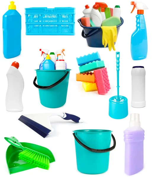 Készlet-ból takarítás szerszámok és termékek a fehér — Stock Fotó