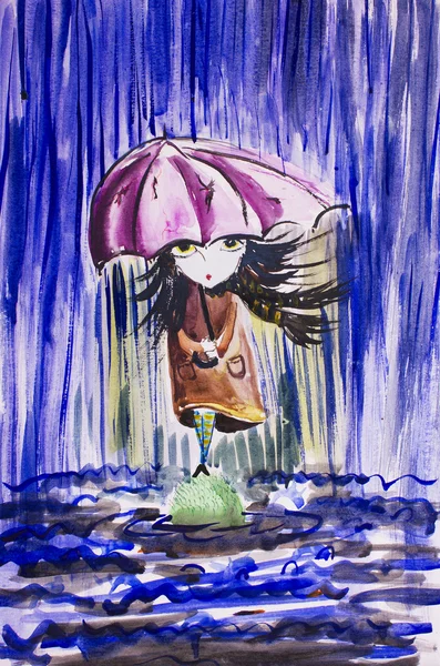 Surullinen pieni tyttö rähjäinen sateenvarjo alle sade.Watercolor i — kuvapankkivalokuva