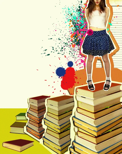 Leuk meisje permanent op books.grunge op witte achtergrond — Stockfoto