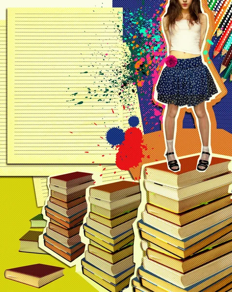 Ωραίο κορίτσι στέκεται πάνω σε υπόβαθρο books.grunge — Φωτογραφία Αρχείου