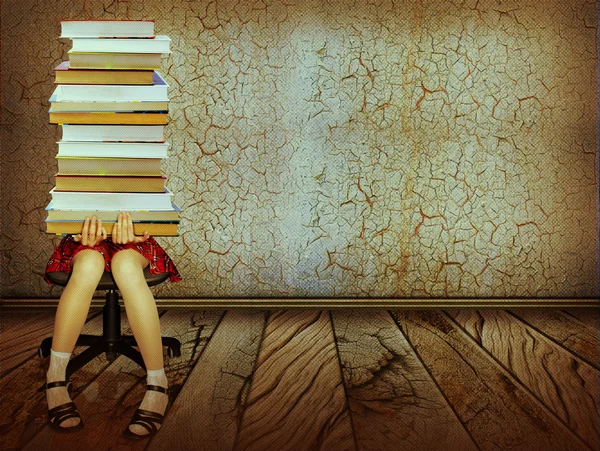 Girl with books sitting on wood floor in old dark room.Grunge ba — Stock Photo, Image