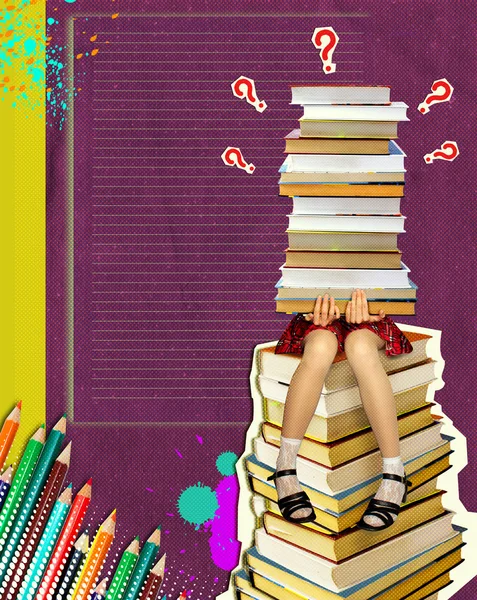 Teenage schoolgirl sitting on many books on grunge abstract back — Stock Photo, Image