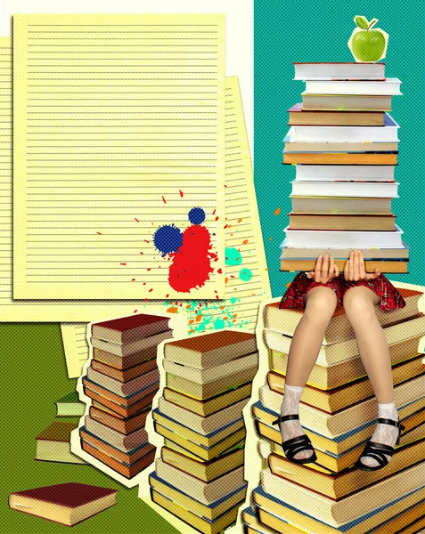 Adolescente sentada com muitos livros sobre grunge backgrou abstrato — Fotografia de Stock