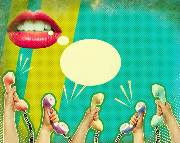 Ρετρό επικοινωνία αφίσα φόντο με κόκκινο στόμα και τηλεφώ — Φωτογραφία Αρχείου