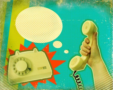 Retro communication poster.Hand with telephone clipart