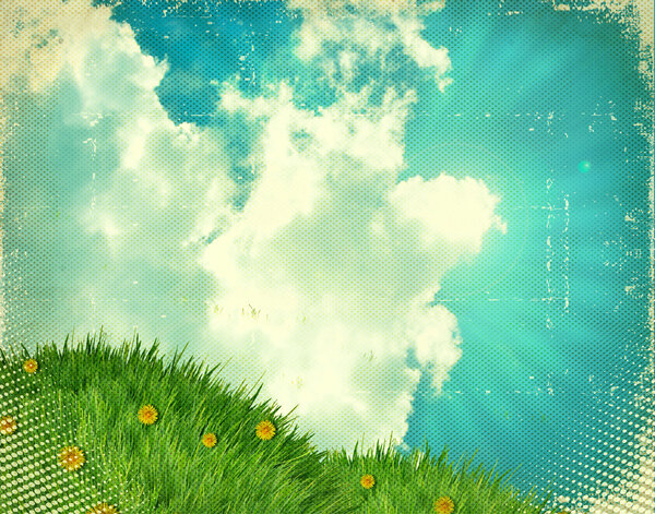 Vintage sky with green grass on old paper texture