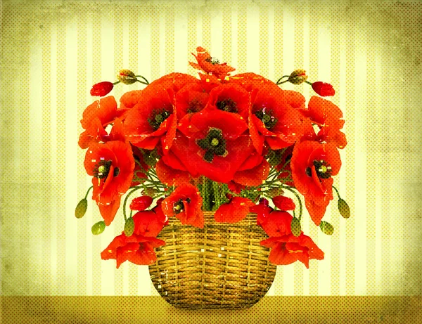 Strauß roter Mohnblumen im Korb auf Vintage-Karte — Stockfoto