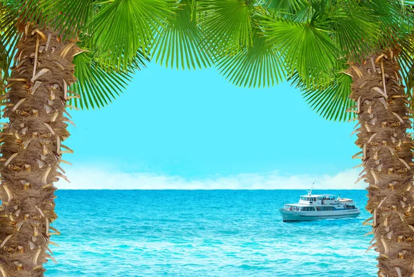 Tropical collage with cruise ship.Seascape background with palms — Stock Fotó
