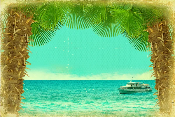 Tropical collage with cruise ship.Seascape background on vintage — Stock Photo, Image