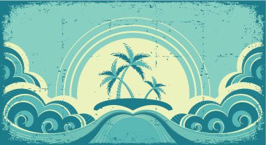 Vintage seascape with tropical palms on island.Grunge image clipart