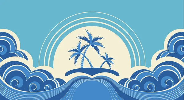 Onde marine astratte. Illustrazione vettoriale delle palme tropicali sull'isola — Vettoriale Stock