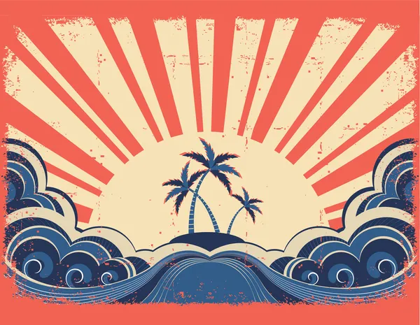Райский остров на фоне гранж-бумаги с солнцем — стоковый вектор