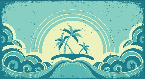 Vintage seascape with tropical palms on island.Grunge image — Stock Vector