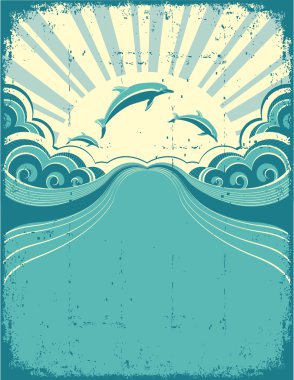 Grunge nature poster background with dolphins in sea and sunshin clipart