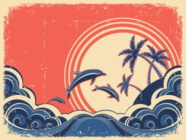Seascape waves poster with dolphins. Vector grunge illustration clipart