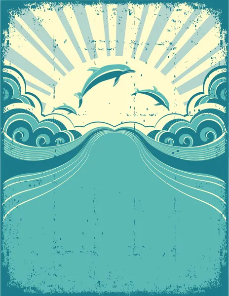 Grunge nature poster background with dolphins in sea and sunshin — Stock Vector