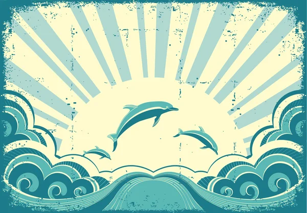 Blaue Delfine springen im Sommer ins Meer. Grunge-Vektor — Stockvektor